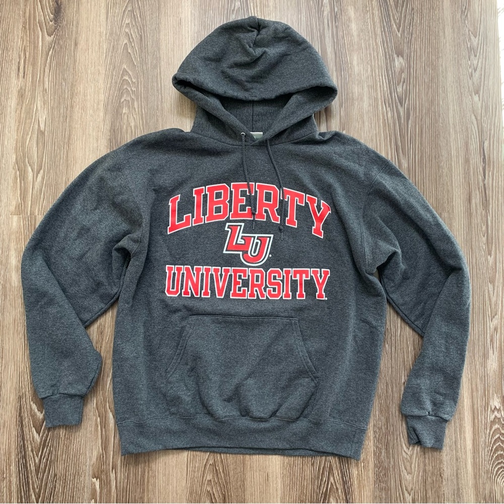 Champion Liberty University LU Gray Red Hoodie Sweatshirt Size Large
